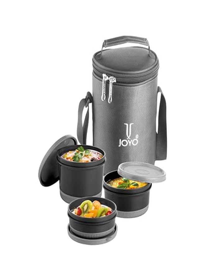JOYO Foodway Omega Lunch Box with Zipper Pouch, 100% Leak Proof, 3 Stainless Steel Containers with BPA Free Airtight Lids (250ML, 375 ML, 525 ML) - (Grey) - Image 4